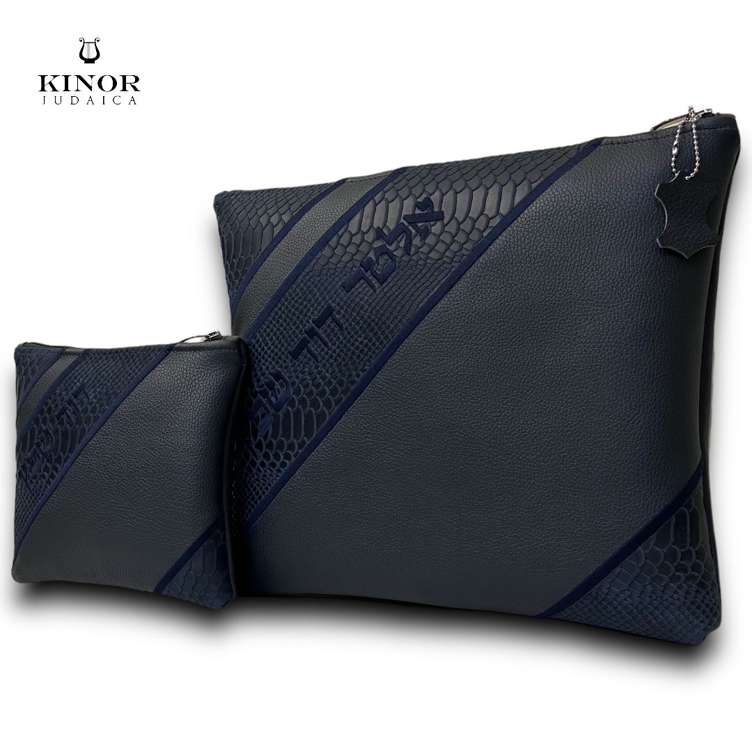 Pochette Talit & Tefiline cuir premium Bleu marine & Python