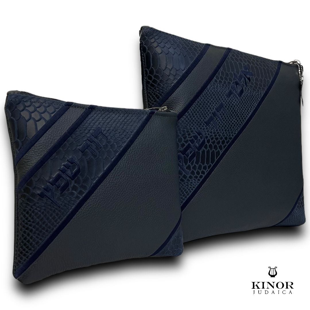 Pochette Talit & Tefiline cuir premium Bleu marine & Python
